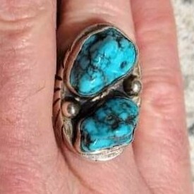 Heavy Native American Sterling Silver Double Blue Turquoise Ring size 10.25