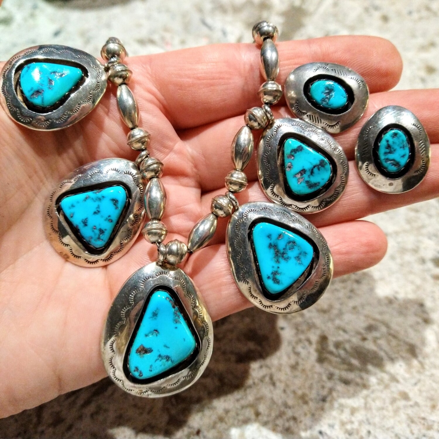Big Vintage Navajo Valerie Goodluck Sterling Silver Shadowbox Blue Turquoise Pendants Necklace