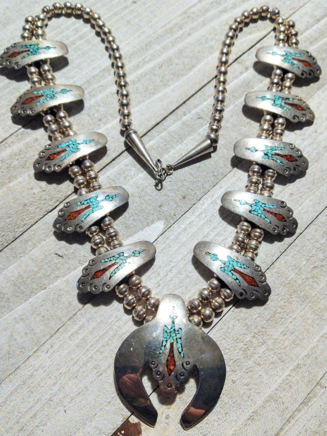 Heavy Native American Navajo Turquoise Coral Inlay Sterling Silver Squash Blossom Necklace 