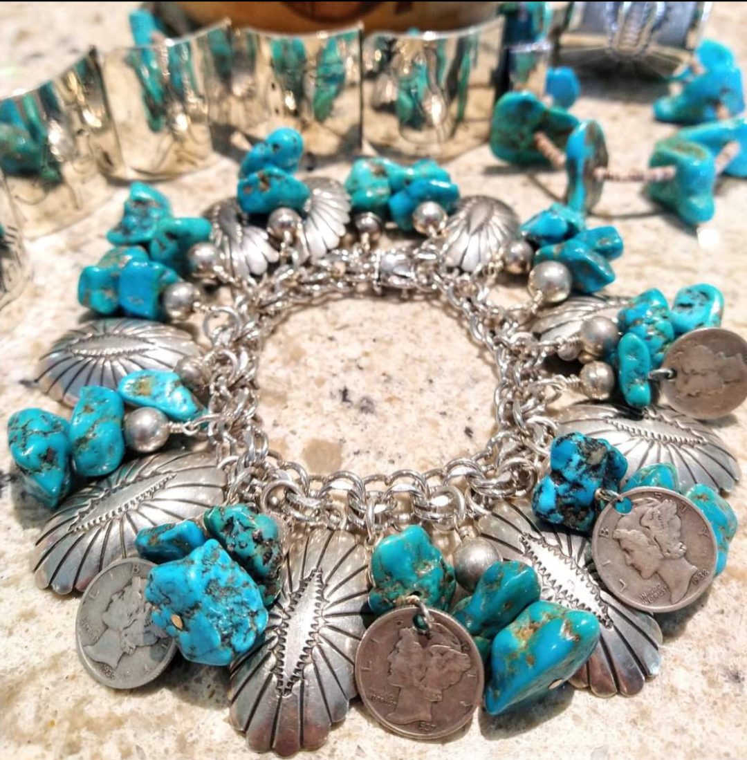 Chunky Navajo Sterling Silver Concho + Coin + Turquoise Cha Cha Charm Bracelet