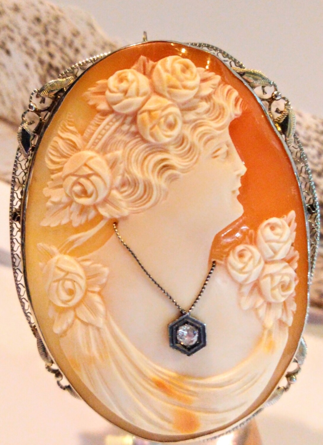 Antique 14k Gold Diamond Carved Shell Cameo XL 2.5&quot; 20+grams