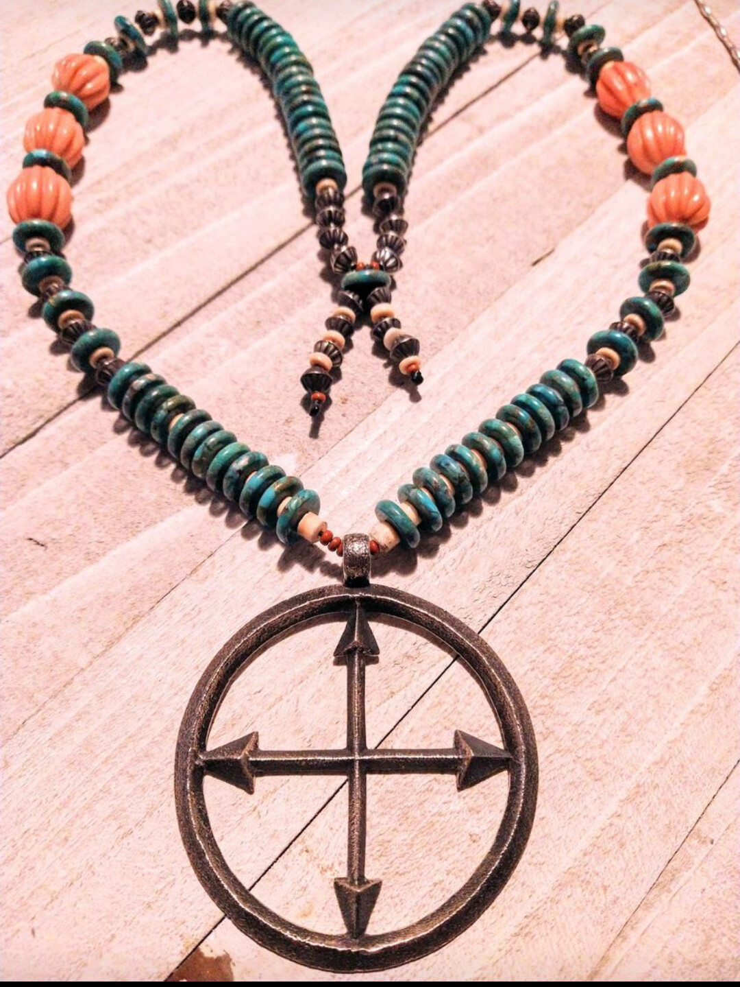 4 Directions Kevin Yazzie BIG Cast Sterling Silver Pendant Turquoise and Silver Bead Necklace