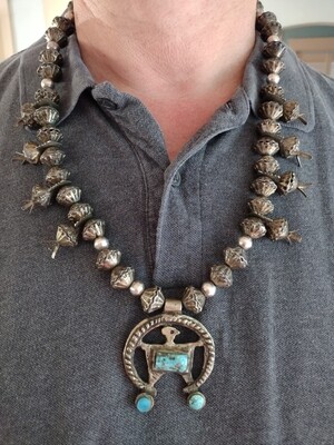 Big Heavy Old Pawn Turquoise Thunderbird Sterling and Coin Silver Squash Blossom Necklace