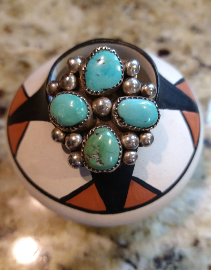 Big Navajo Turquoise Cluster Sterling Silver Ring
