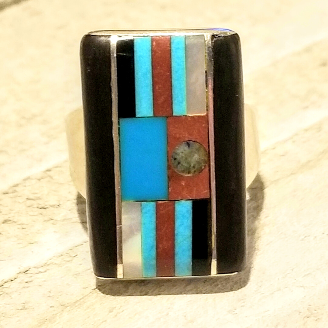 Amazing Signed Native American Sterling Turquoise  Inlay Ring