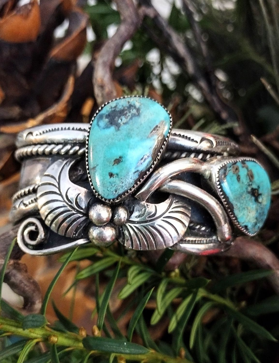 Art Tafoya Heavy Sterling Silver Variscite Cuff Bracelet