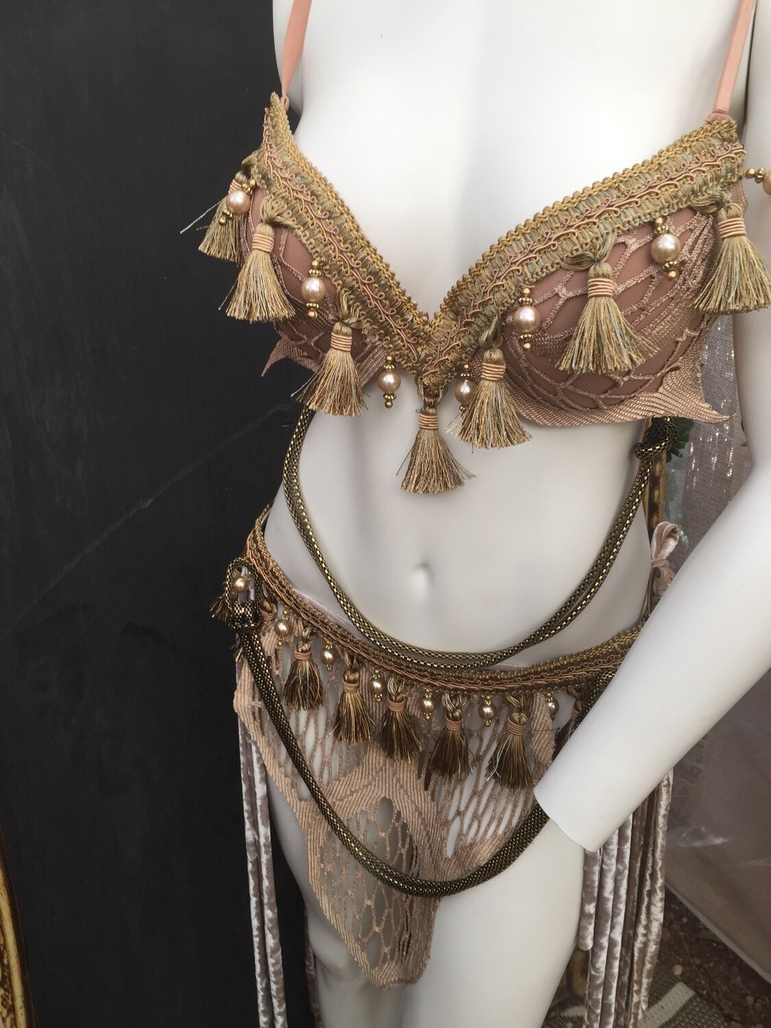 Champagne Mist Bra 36 C Pearly Trim W Metal Braid Swagg Two Hip Wraps Front And Back
