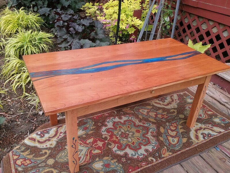 Inlaid Cherry Coffee Table with Blue Resin River
