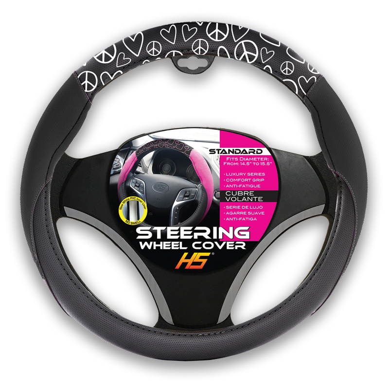 Steering wheel cover- Grey Peace & Hearts, Black