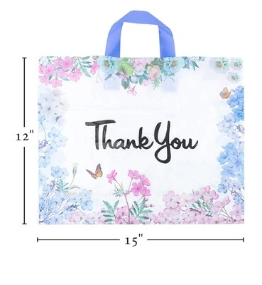 Floral Thank You Plastic Bags 12" x 15" With Soft Loop Handle 