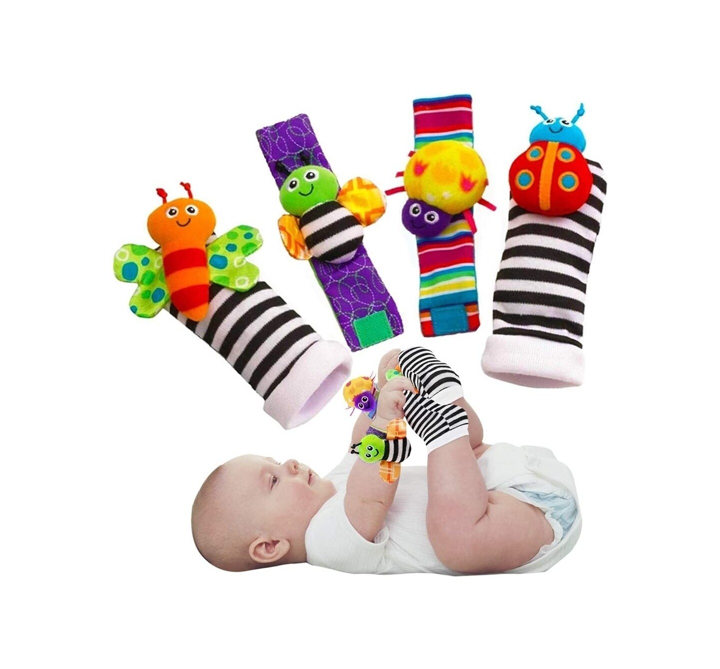 SMTF Cute Animal Soft Baby Socks Toys Wrist Rattles and Foot Finders for Fun Butterflies and Lady bugs Set 4 pcs
