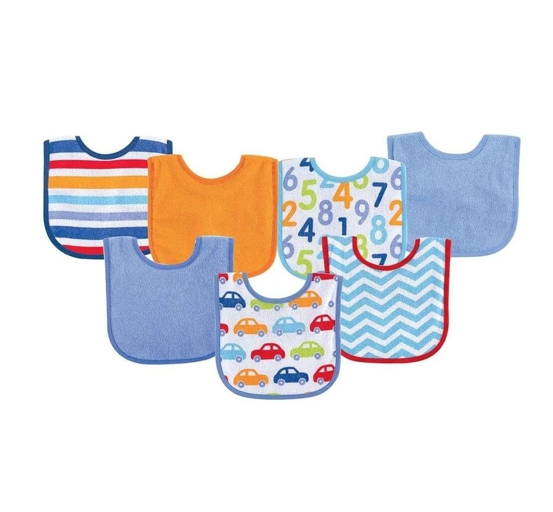 Unisex Baby Cotton Terry Drooler Bibs with PEVA Back, Blue Car, One Size