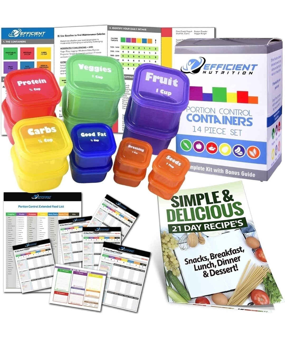 Efficient Nutrition Portion Control Containers DELUXE Kit (28-Piece) with COMPLETE GUIDE + 21 DAY PLANNER + RECIPE eBOOK BPA FREE Color Coded Meal Prep System for Diet and Weight Loss