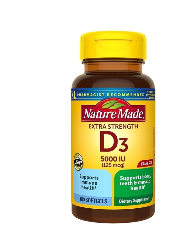 Nature Made Extra Strength Vitamin D3 5000 IU (125 mcg), Dietary Supplement for Bone, Teeth, Muscle and Immune Health Support, 180 Softgels, 180 Day Supply