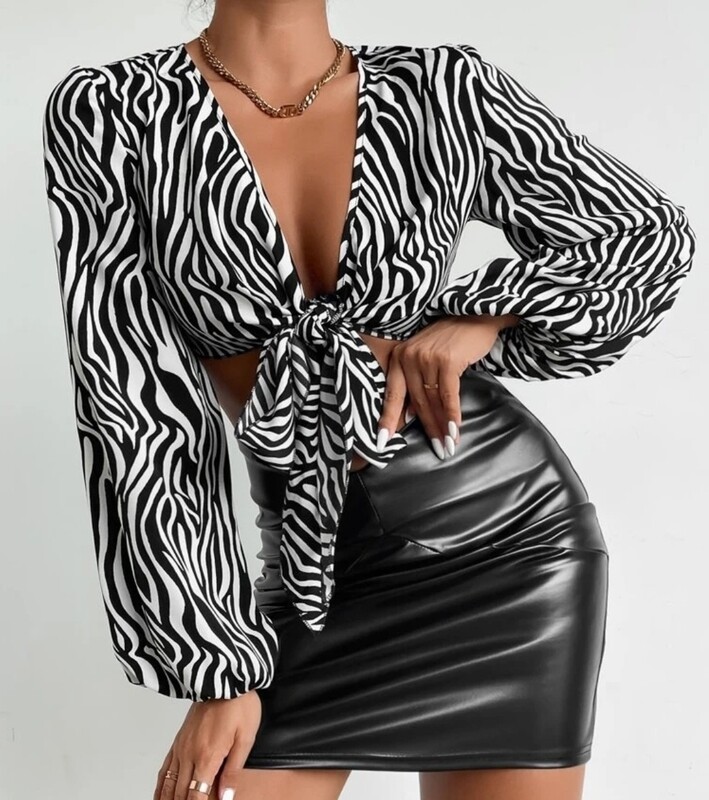 Zebra Striped Bishop Sleeve Knot Front Crop Top MEDIUM 