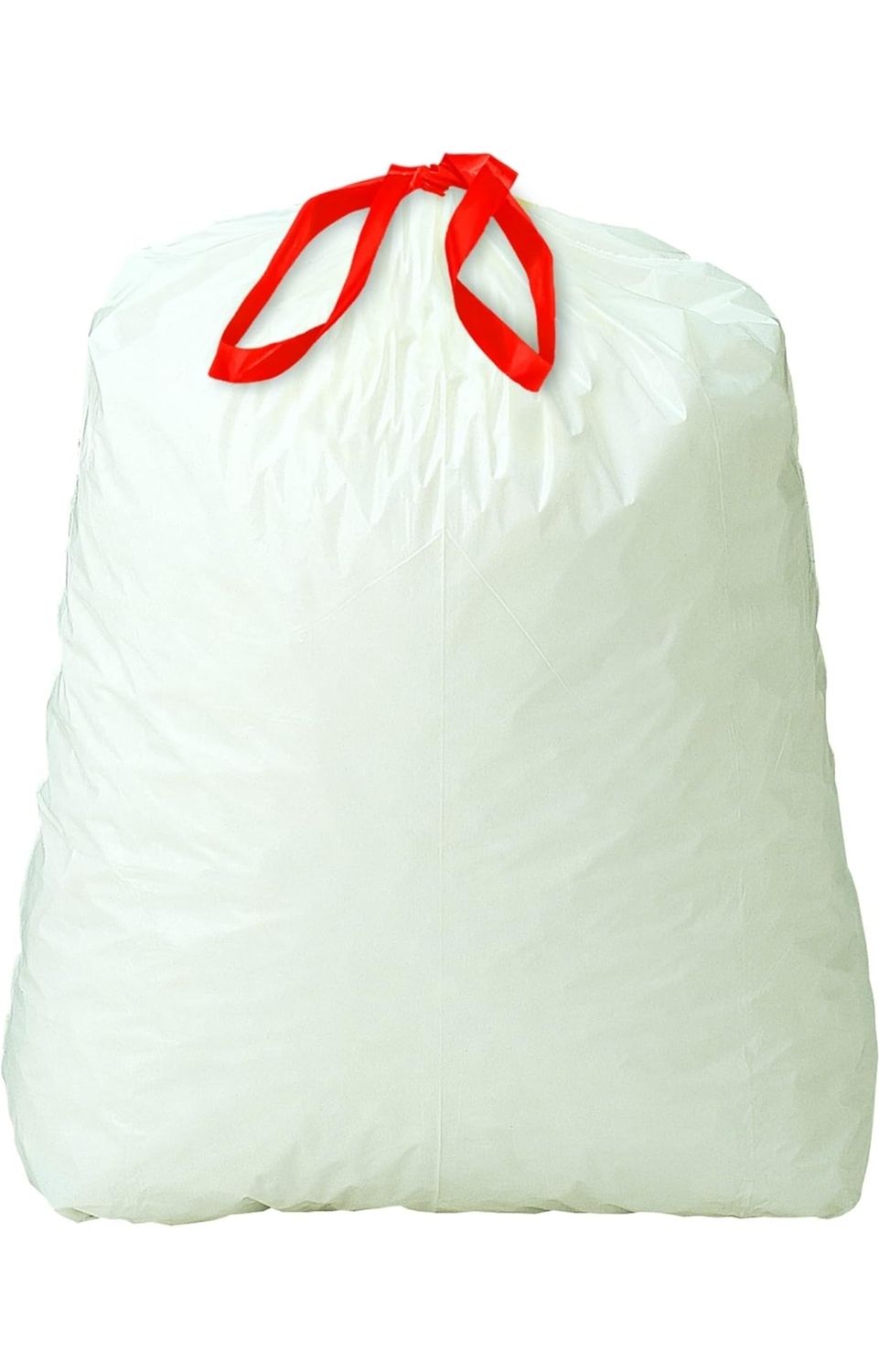 White trash bag with red drawstring closure for easy tying and carrying