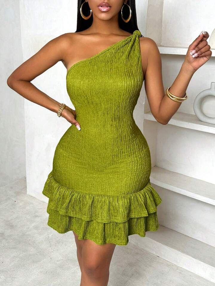  One-Shoulder Ruffle Hem Bodycon Elegant Dress LARGE