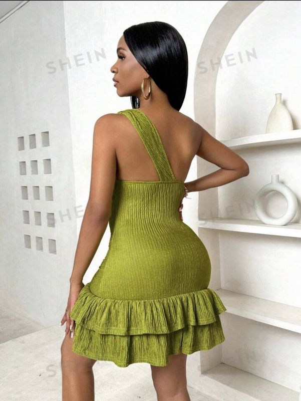  One-Shoulder Ruffle Hem Bodycon Elegant Dress LARGE