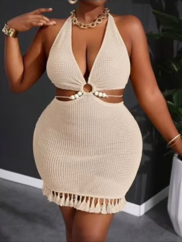 Summer Beach Vacation Halterneck Waist Hollow Hem Tassel Yellow Tight Mini Dress Apricot / Medium