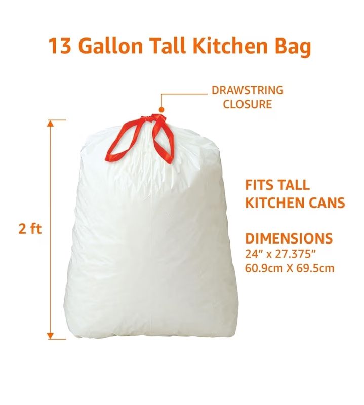 White trash bag with red drawstring closure for easy tying and carrying
