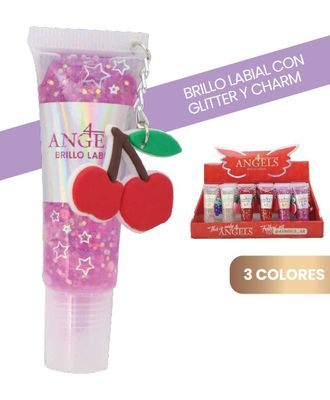 BRILLO LABIAL CON GLITTER Y CHARM  3 COLORES DIVERTIDOS - 4 ANGELS