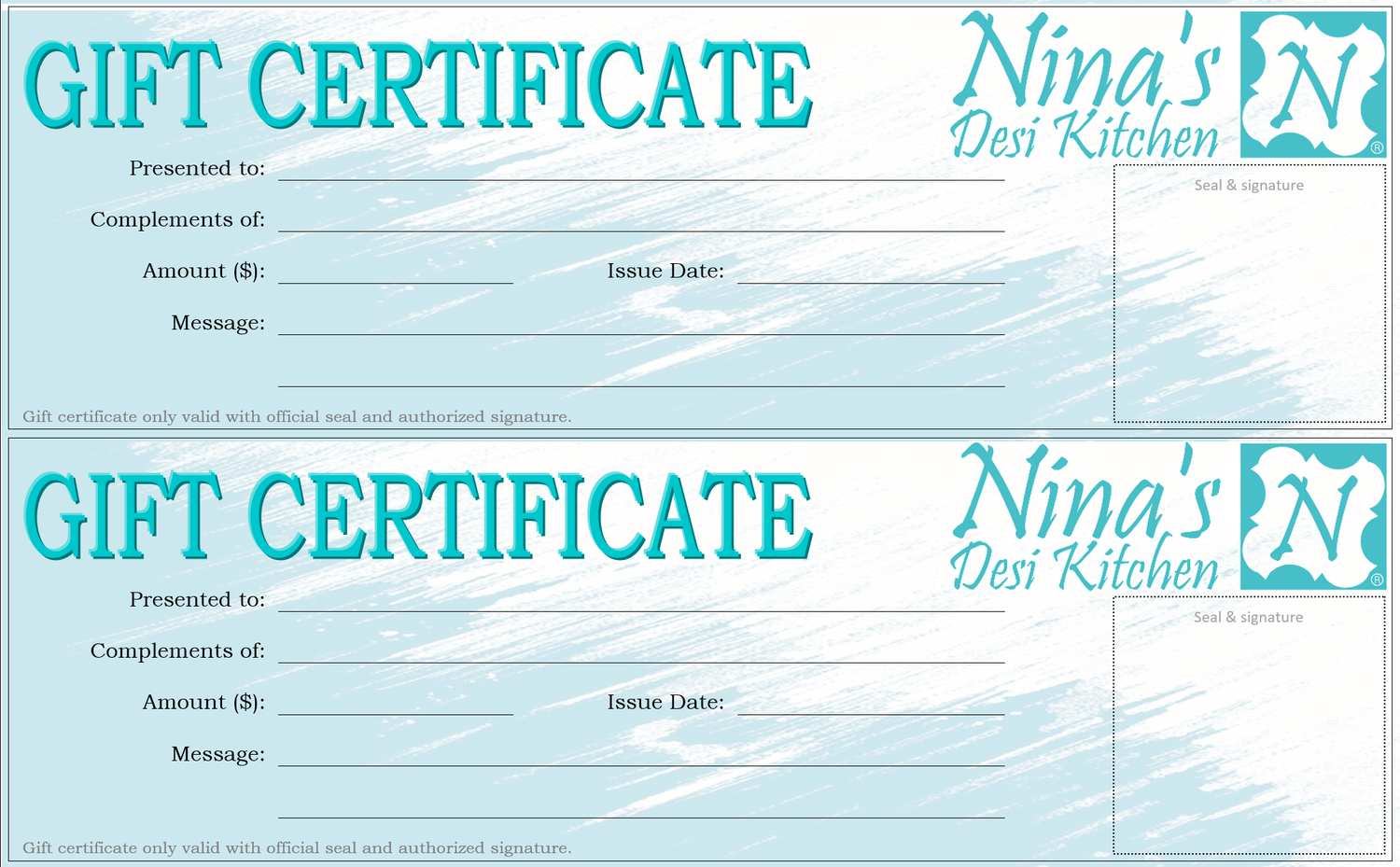 Nina&#39;s Gift Certificate
