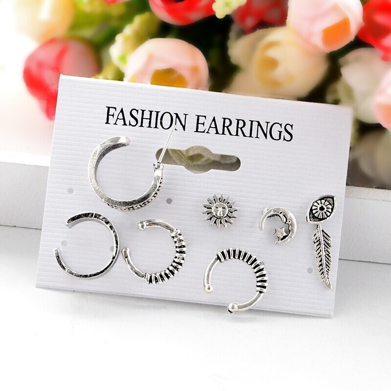 Women's Stud Earrings cuff Leaf Sun Moon Ladies Vintage Bohemian Fashion Boho Earrings Jewelry Silver For Daily Casual Evening Party Formal Date 7pcs