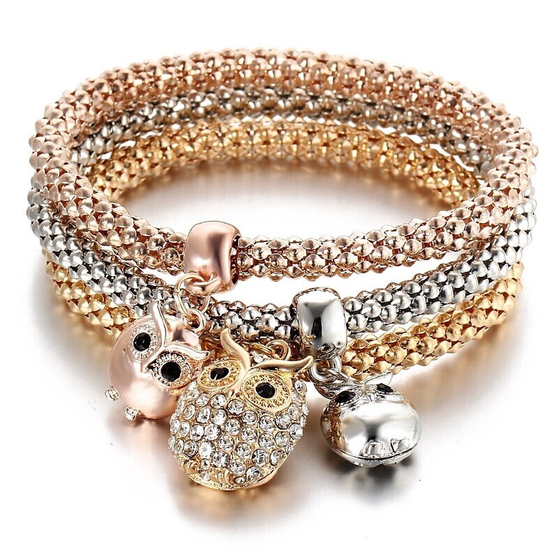 3pcs Women&#39;s Pendant Bracelet Layered Owl Ladies Sweet Rhinestone Bracelet Jewelry Rose Gold For Ceremony Evening Party