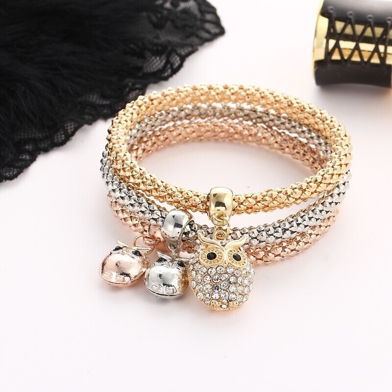 3pcs Women's Pendant Bracelet Layered Owl Ladies Sweet Rhinestone Bracelet Jewelry Rose Gold For Ceremony Evening Party