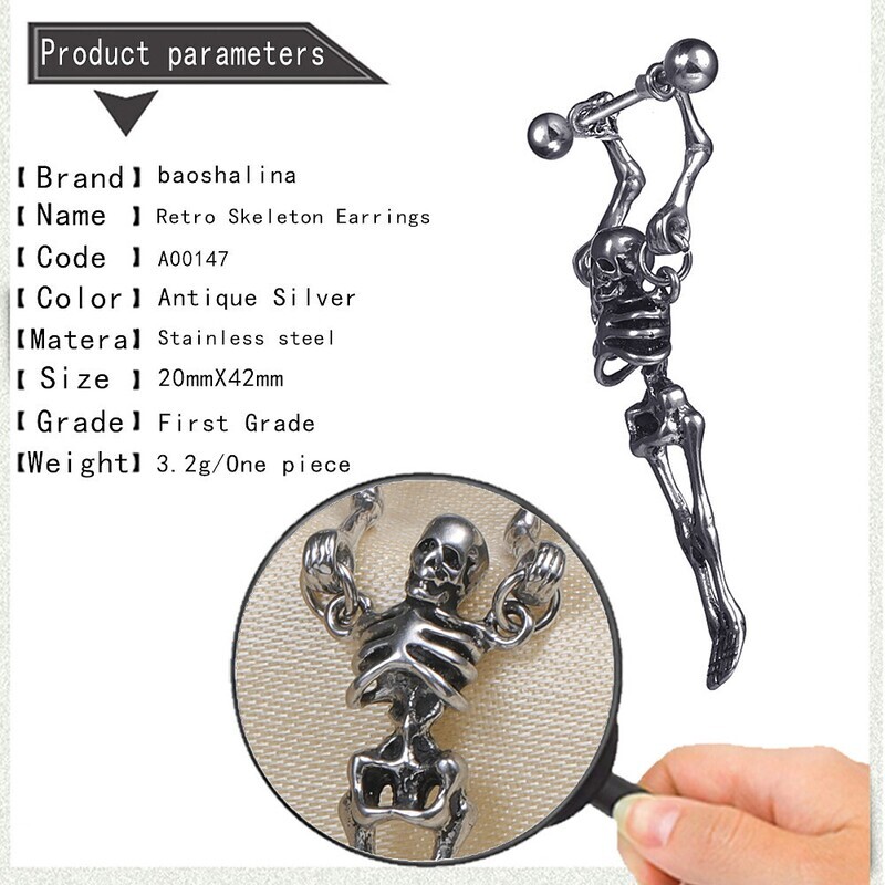 Men's Women's Stud Earrings Chandelier Skull Statement Unique Design Punk Baroque Gothic Stainless Steel Earrings Jewelry Silver For Daily Carnival Street Club Bar 2pcs