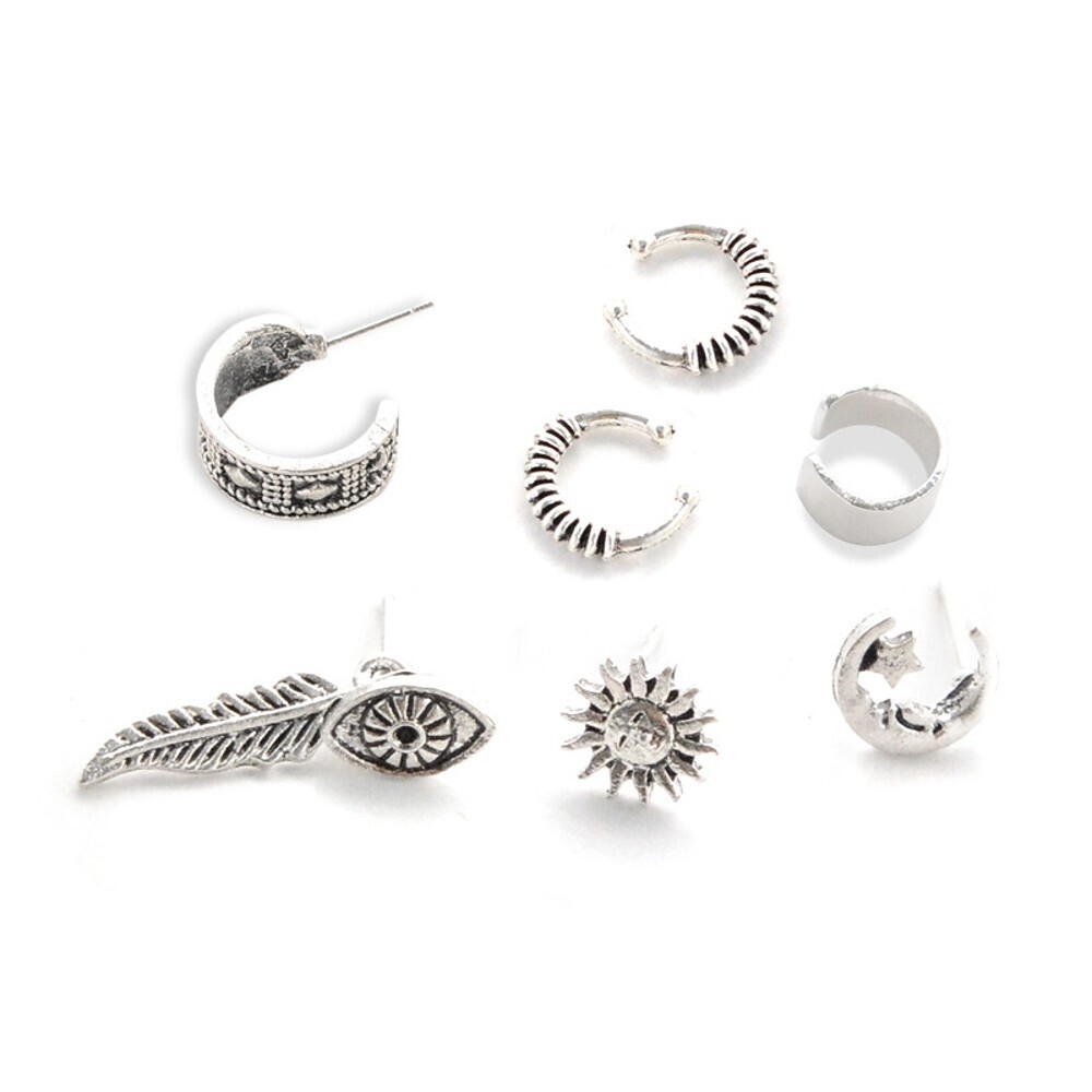 Women&#39;s Stud Earrings cuff Leaf Sun Moon Ladies Vintage Bohemian Fashion Boho Earrings Jewelry Silver For Daily Casual Evening Party Formal Date 7pcs