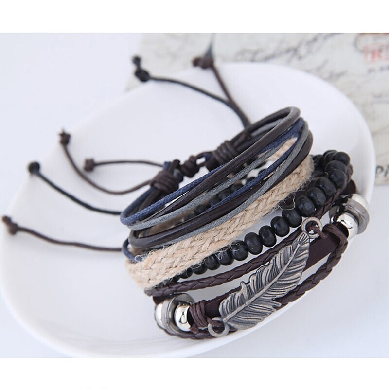 Men's Wrap Bracelet Leather Bracelet Braided Rope Feather Vintage European Fashion Leather Bracelet Jewelry Brown For Daily
