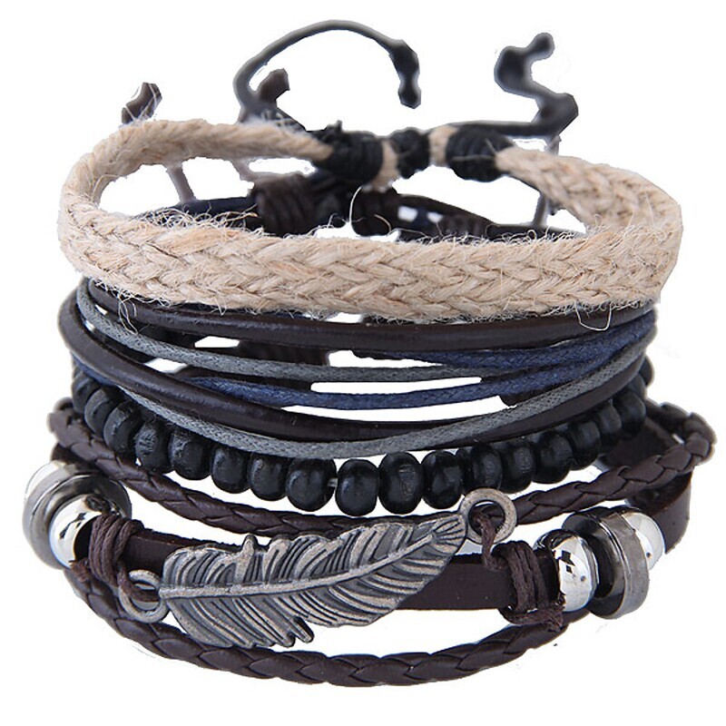 Men&#39;s Wrap Bracelet Leather Bracelet Braided Rope Feather Vintage European Fashion Leather Bracelet Jewelry Brown For Daily