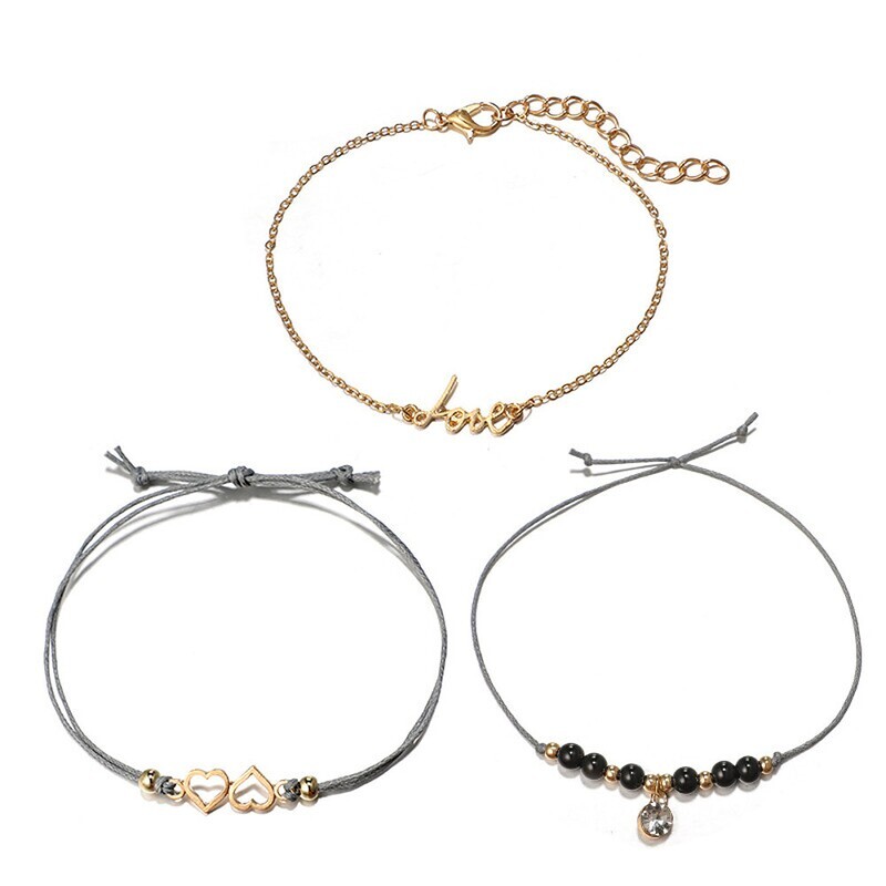 3pcs Women's Cubic Zirconia Bead Bracelet Wrap Bracelet Loom Bracelet Layered Eyes Heart Letter Vintage European Ethnic Fashion Boho Cord Bracelet Jewelry Gray For Daily Carnival Street Holiday Work