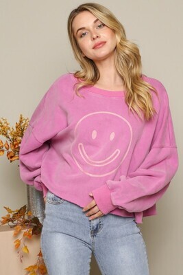 Happy Face Embroidered Long Sleeve Knit Top