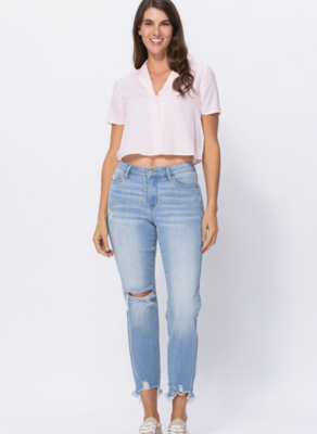 Midrise Light Wash Distressed BF Jeans