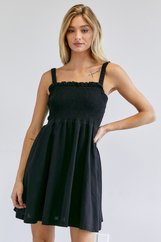 Black Smocked Sleeveless Mini Dress 