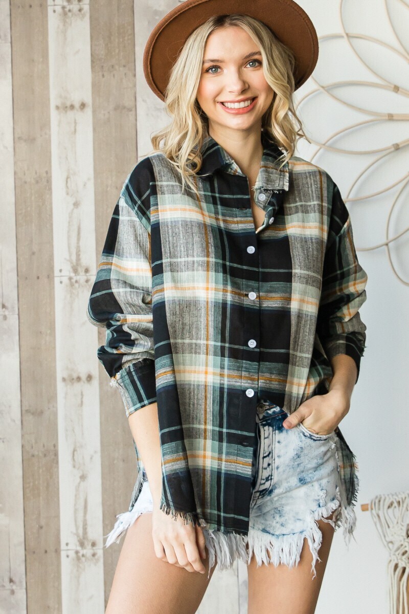 Linen Checker Plaid Button Down Top