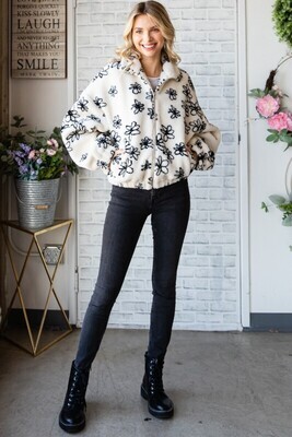 Abstract Flower Print Sherpa Zip Up Jacket