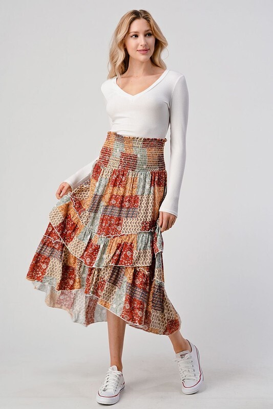 Smocked Waist Printed Ruffle Skirt