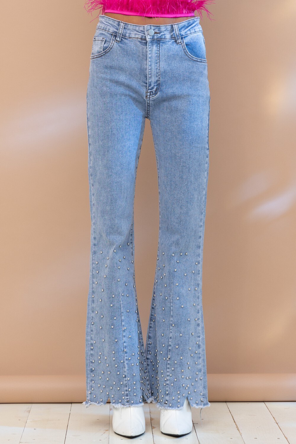 Distressed Studded Bell Bottom Denim Jeans