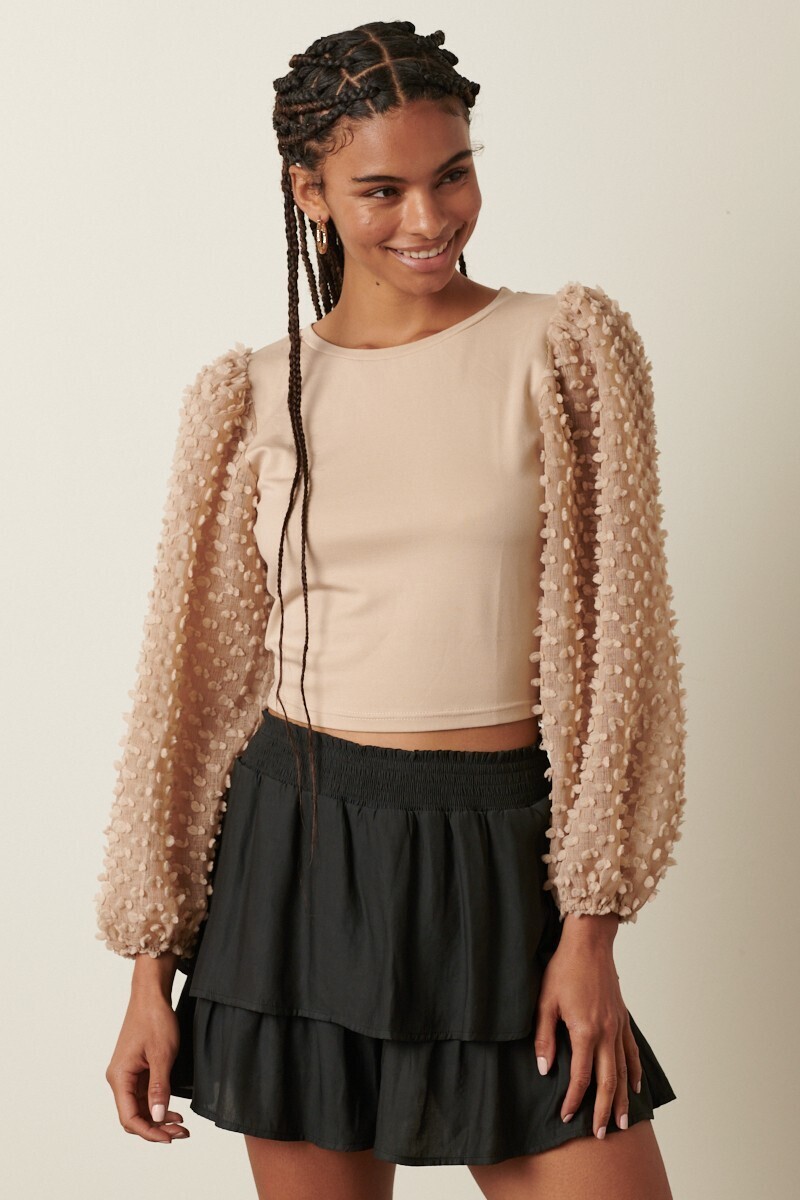 Taupe Textured Sleeves Knit Crop Top