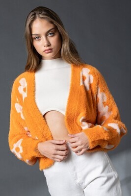Loose Fit Cropped Daisy Fuzzy Cardigan