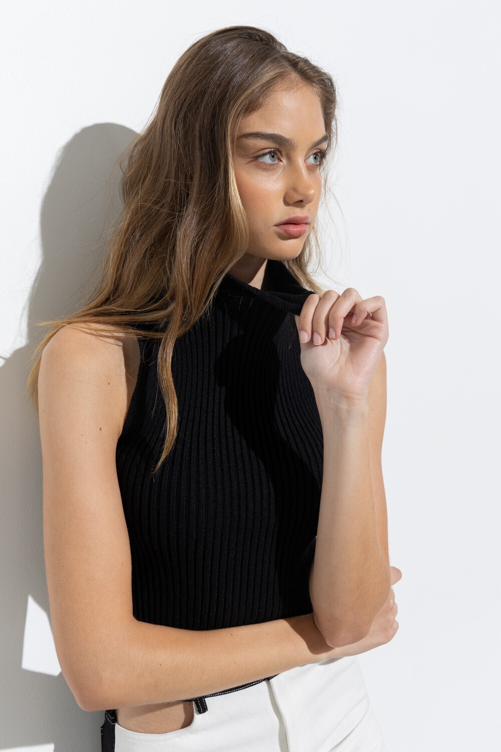 Claire Mock Neck Ribbed Knit Sleeveless Sweater