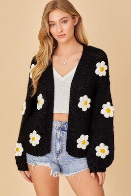 Black Daisy Sweater Cardigan w/ Bubble Sleeves