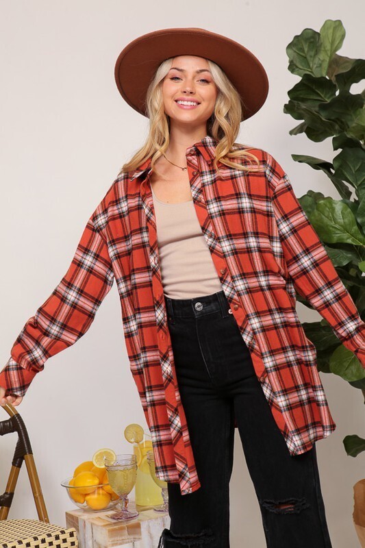 Rust Mix Plaid Oversized Button Down Top