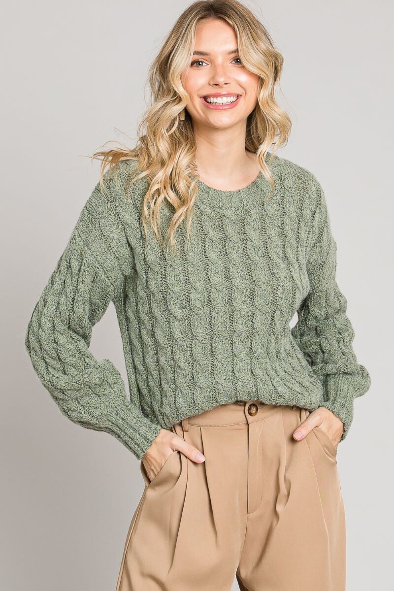 Pine Plush Marled Cable Knit Sweater 
