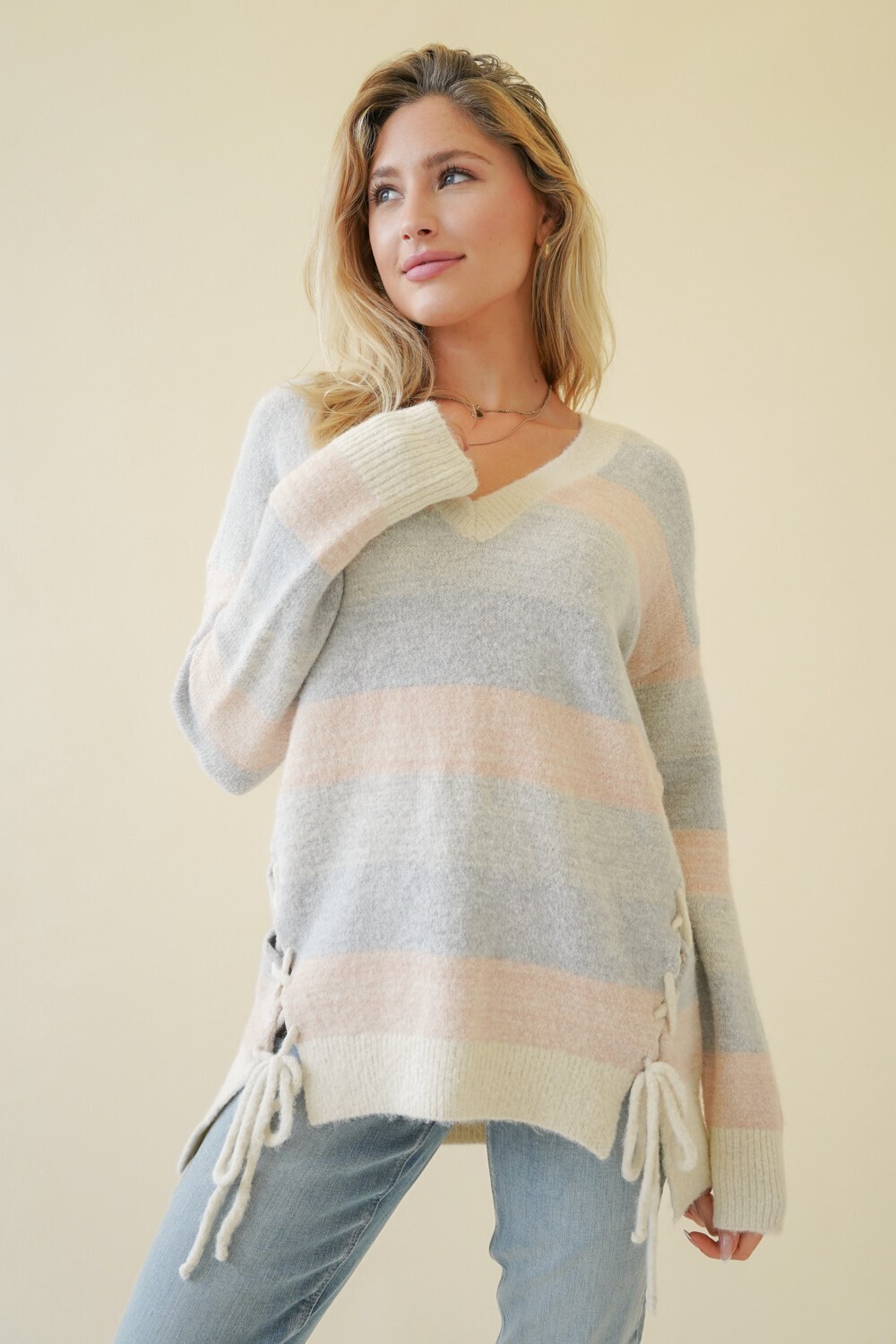 Blush/Grey/Cream Two-Tone Stripe V Neck Sweater