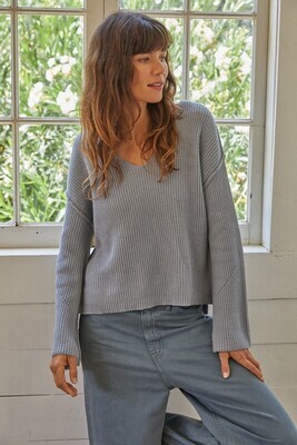 Dusty Blue V Neck Sweater w/ Exposed Seam