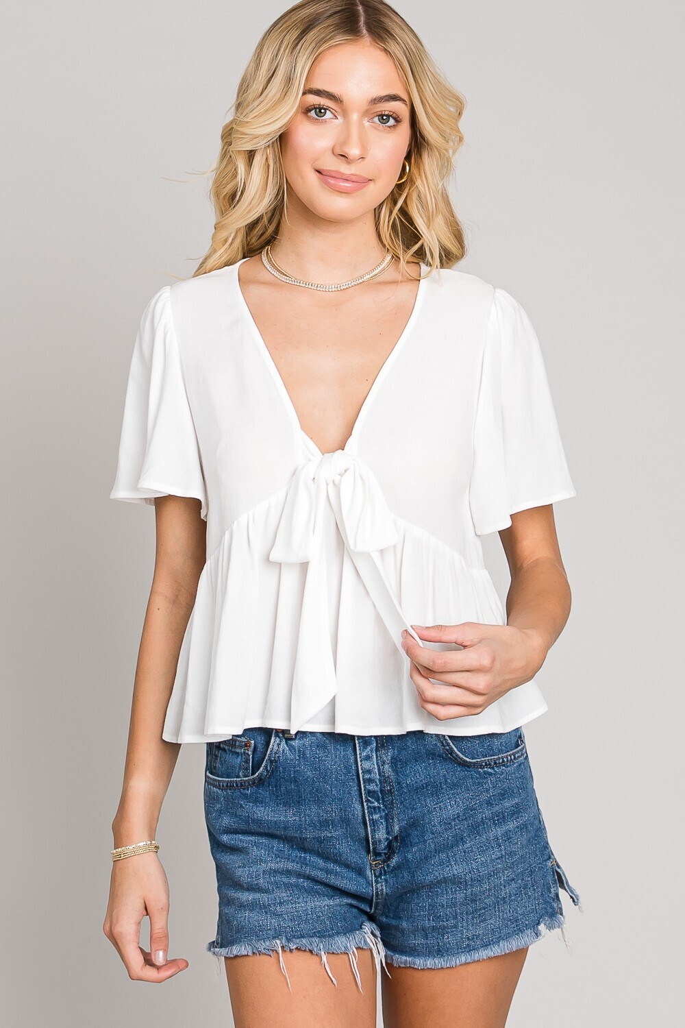 Off White Linen Blend Top with Flutter Sleeves